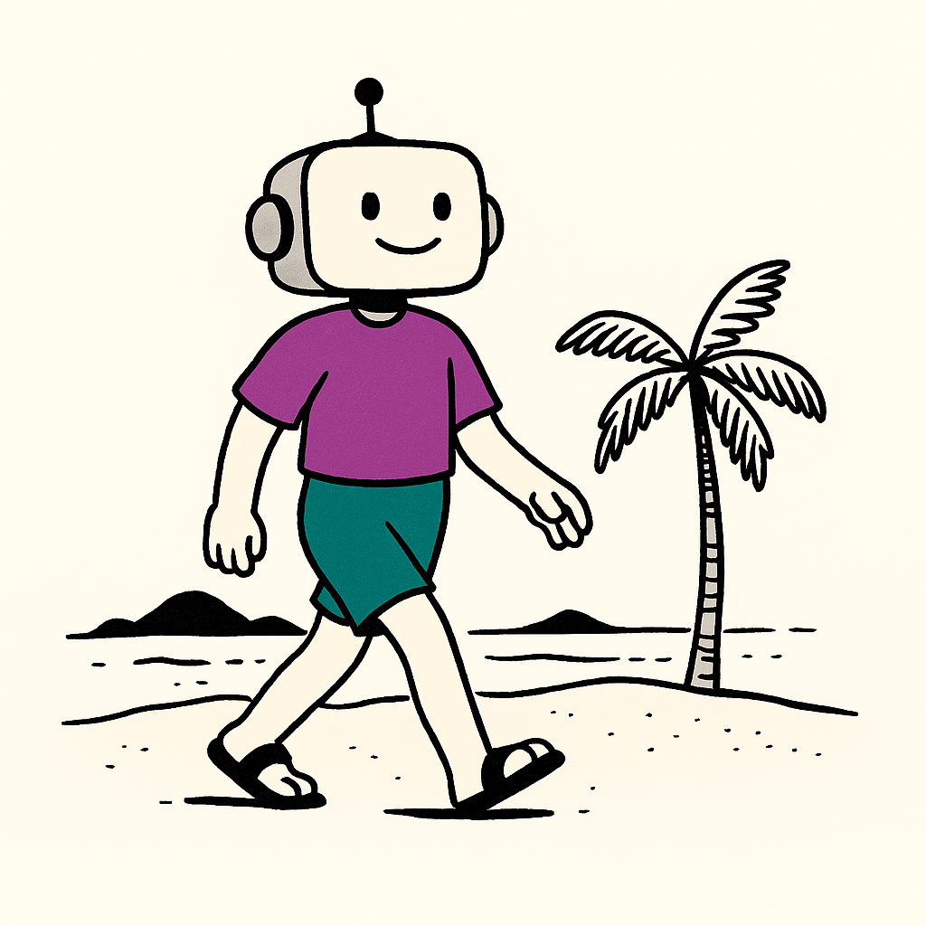 Friendly robot walking on a beach in a minimalist illustration, symbolizing automation and the ROI of agentic AI ticket routing.