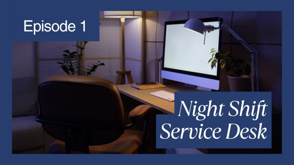 Empty office at night with glowing computer screens conveying a night-shift service desk