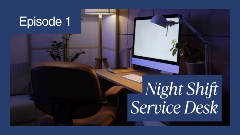 Empty office at night with glowing computer screens conveying a night-shift service desk