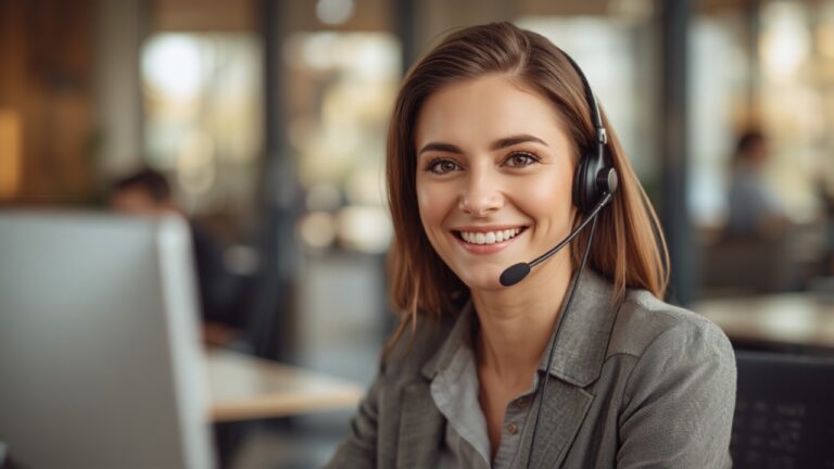 Friendly customer service representative smiling while on a headset call