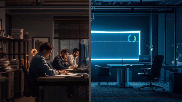 Split scene contrasting a traditional outsourcing office team with a modern automated software dashboard