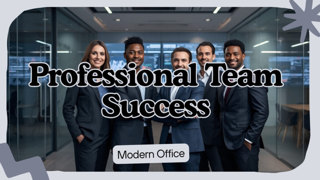 Confident business team in a modern office with automated dashboards behind them