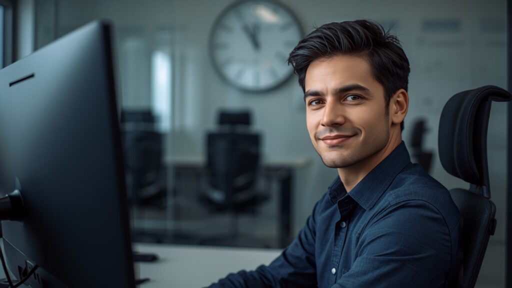 Technician smiling at a fast-resolving support ticket screen with a subtle motion-blur clock in frame