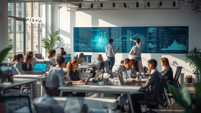 Modern fast-growing tech office with team and analytics screens