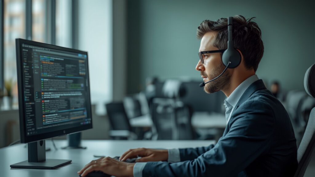 Help desk support agent wearing a headset looking at a ticket queue on a monitor