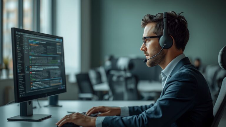 Help desk support agent wearing a headset looking at a ticket queue on a monitor