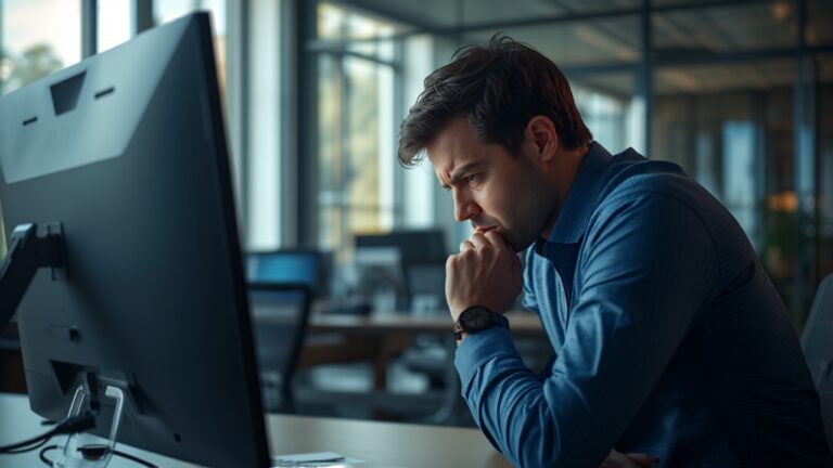 Office employee looking frustrated while waiting with a support ticket queue visible on a screen nearby