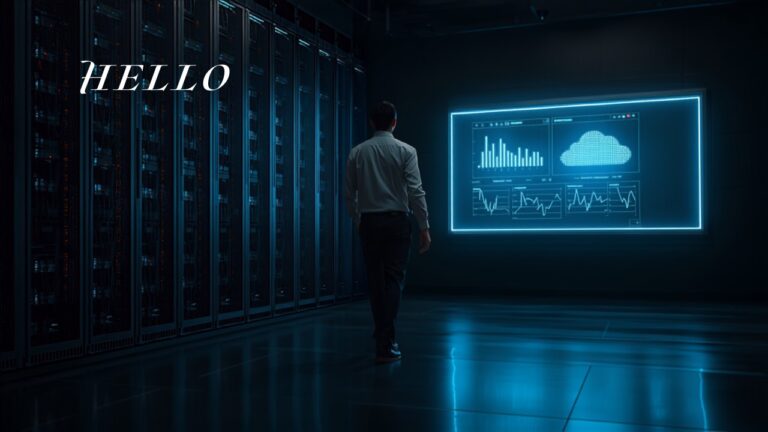 Person walking away from legacy server racks toward a modern cloud dashboard