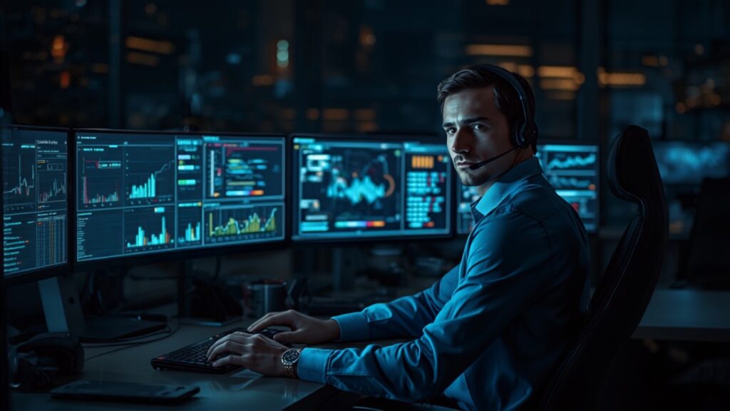 IT manager monitoring a governance and security dashboard in a control room