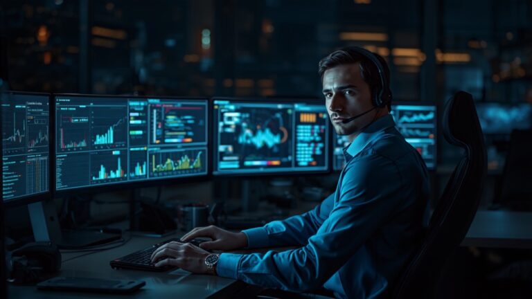 IT manager monitoring a governance and security dashboard in a control room