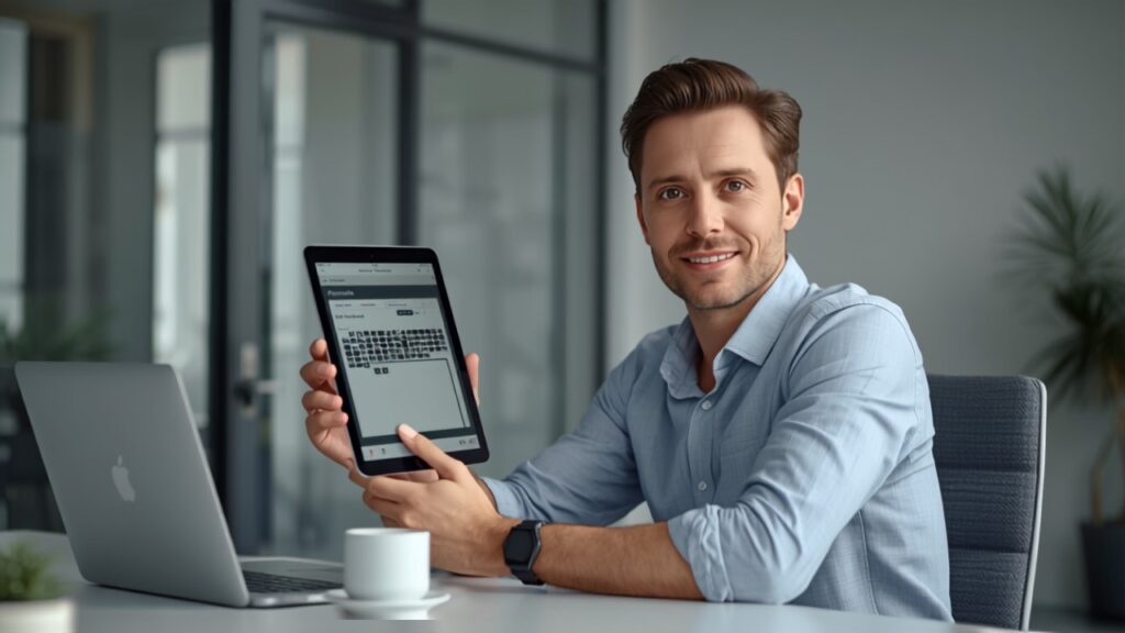 Non-technical office worker building a workflow on a tablet with drag-and-drop interface