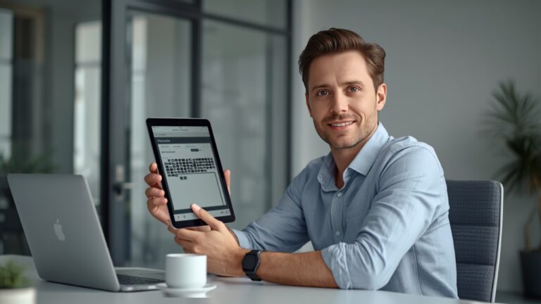 Non-technical office worker building a workflow on a tablet with drag-and-drop interface