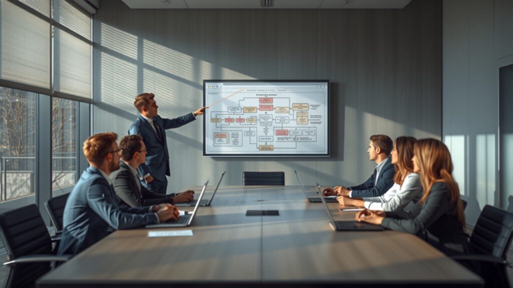 Operations team in a meeting room reviewing a workflow diagram on a large screen