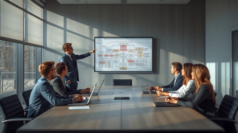Operations team in a meeting room reviewing a workflow diagram on a large screen