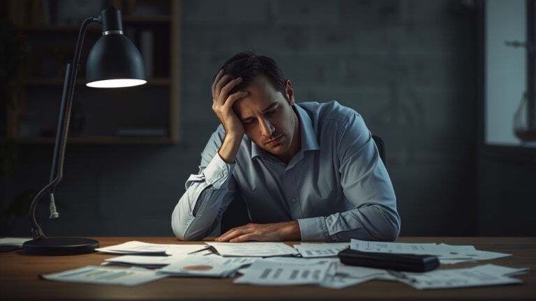 Business analyst at a desk surrounded by paper invoices, looking tired from repetitive data entry
