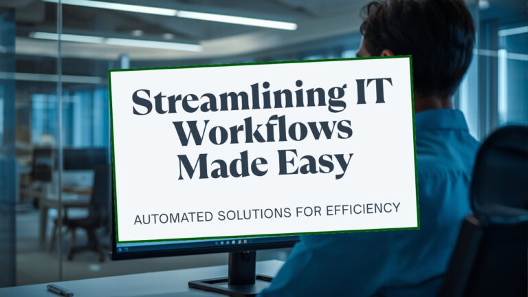IT professional reviewing an automated workflow dashboard on a large monitor in a modern office